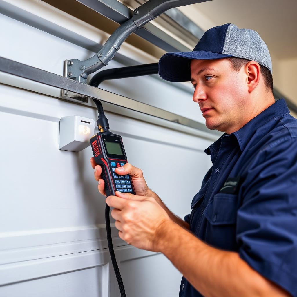 Professional garage door technician diagnosing sensor alignment in North Easton